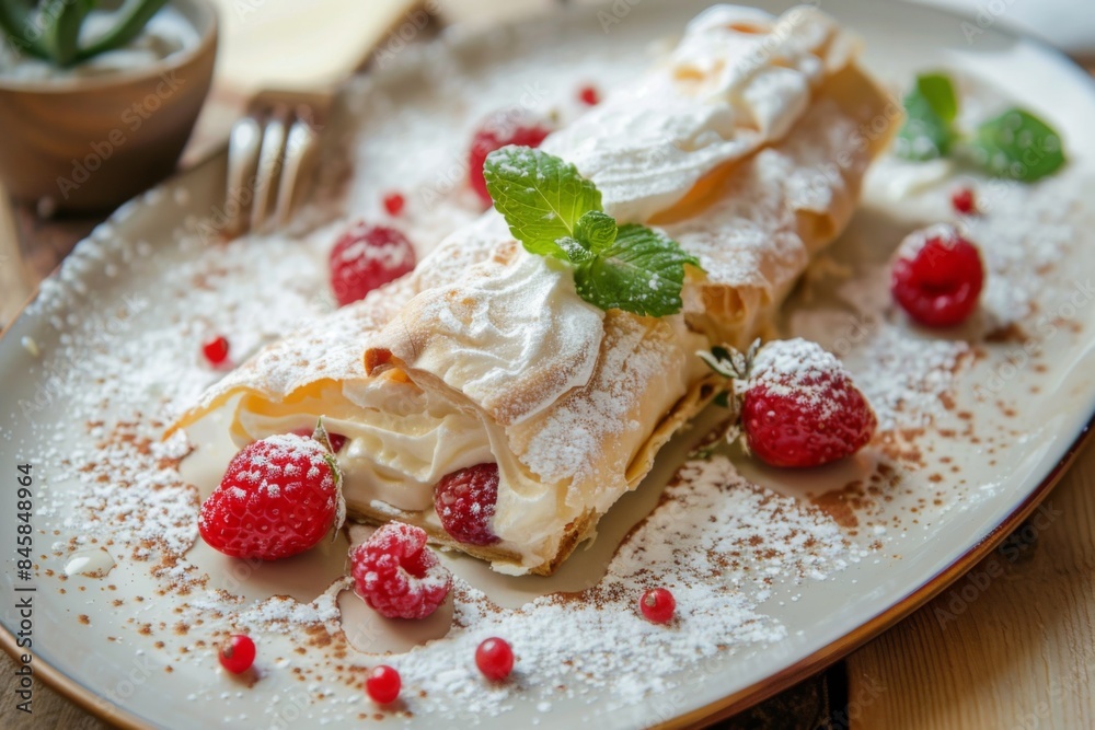Plate with a pastry and raspberries on it, sugar dessert, food background 