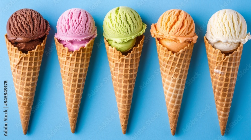 Assorted ice cream cones on a blue background Assorted ice cream cones on a blue background