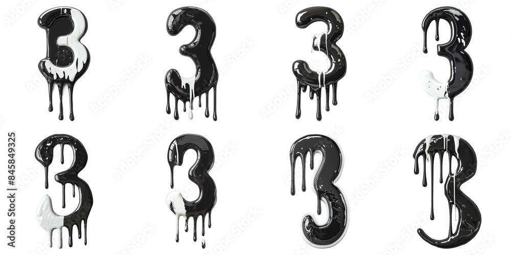 Set of Number 3 Dripping Paint Isolated on Transparent PNG Background. Generative ai Set of Number 3 Dripping Paint Isolated on Transparent PNG Background. Generative ai