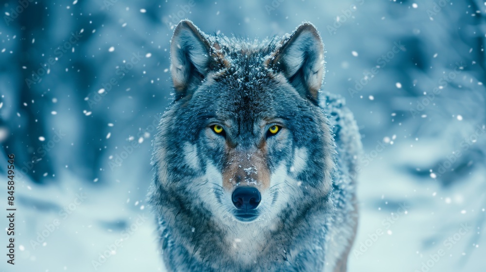 Fototapeta premium Majestic wolf in a serene snowy landscape