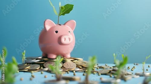 Pig piggy bank and seedlings grown with coin stack - investment ideas for growth