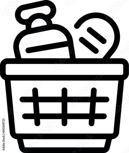 Simple line icon of a shopping basket containing shampoo and a hairbrush, representing the concept of self care and personal hygiene