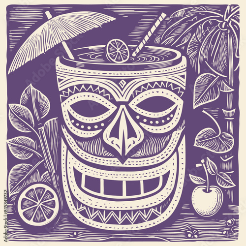 Tiki mug with tropical cocktail, vector
