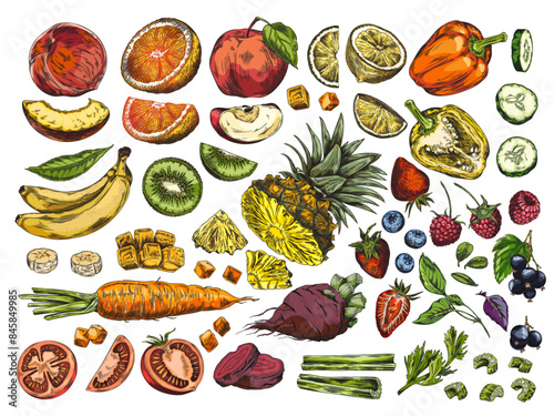 Vibrant fruits and vegetables vector set