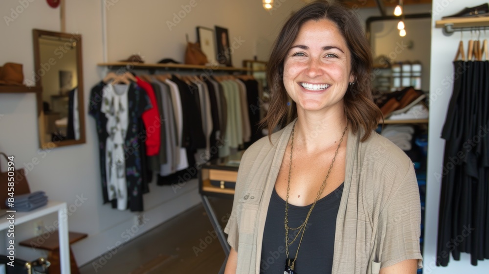 Smiling young woman in a cozy boutique clothing store Smiling young woman in a cozy boutique clothing store