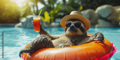 Relaxing sloth with cocktail in pool photo