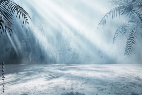 Tranquil tropical paradise with soft sunbeams and palm shadows