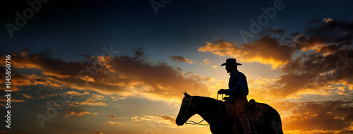 A lone cowboy and his trusty steed, silhouetted against the fiery orange hues of a hillside sunset.