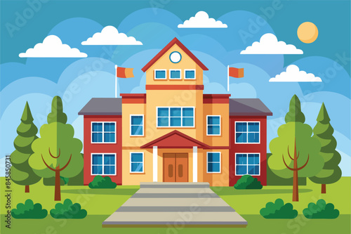 A cartoon illustration depicting a yellow school building with red accents, surrounded by green trees and bushes.