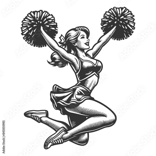 cheerleader in classic pin-up pose with pom-poms and a playful expression sketch engraving generative ai fictional character vector illustration. Scratch board imitation. Black and white image