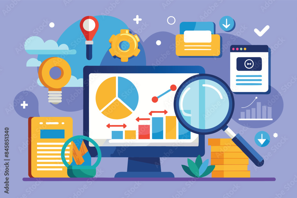 An illustration depicting a desktop computer screen displaying various business data graphs and charts, with a magnifying glass magnifying a bar chart. An illustration depicting a desktop computer screen displaying various business data graphs and charts, with a magnifying glass magnifying a bar chart.