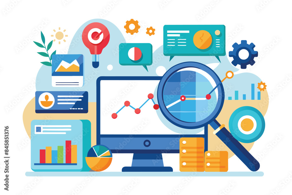 A computer screen displays a line graph that is being examined by a magnifying glass. The graph is surrounded by other data visualizations such as bar graphs, pie charts, and icons. A computer screen displays a line graph that is being examined by a magnifying glass. The graph is surrounded by other data visualizations such as bar graphs, pie charts, and icons.