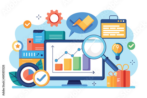 An illustration depicting digital marketing analysis with a growth chart, magnifying glass, and gifts representing successful results.