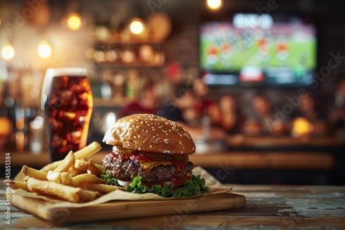 Classic fast food meal with burger, fries and a drink on a blurry screen background with a soccer match