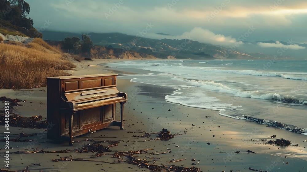 Beach piano on the shore of the pacific ocean summer
