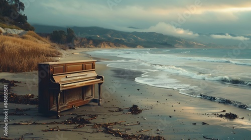 Obraz na płótnie Beach piano on the shore of the pacific ocean summer w salonie