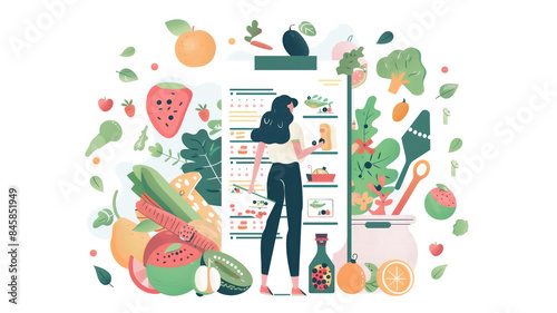 Healthy meal planning with daily food ingredients list tiny person concept. Weekly eating schedule with plan for slimming, detox and wellness vector illustration. Calories counting and Generative AI photo