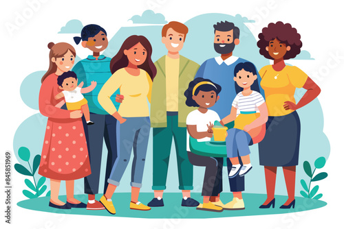 A vibrant illustration of a diverse family group posing together, showcasing different ages, ethnicities, and genders.