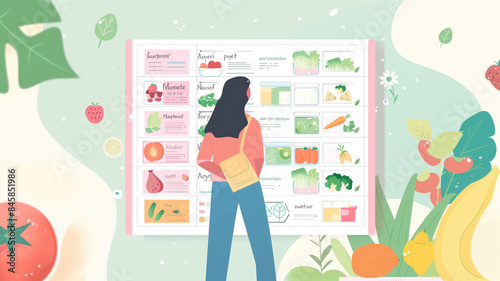 Healthy meal planning with daily food ingredients list tiny person concept. Weekly eating schedule with plan for slimming, detox and wellness vector illustration. Calories counting and Generative AI photo