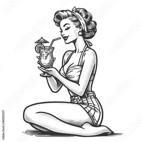 1950s pin-up girl sipping a drink from a coconut, summer vibes and retro charm sketch engraving generative ai fictional character vector illustration. Scratch board imitation. Black and white image.