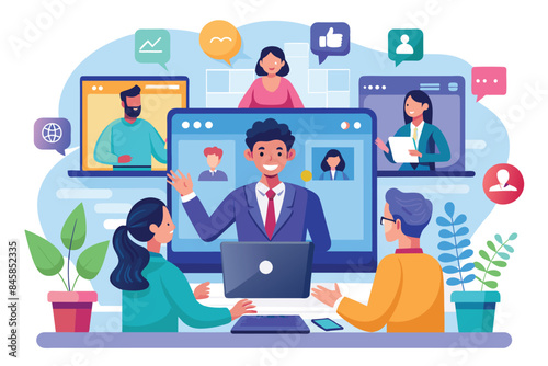 Illustration of a virtual team meeting, showing four people video conferencing using a laptop, smartphone, and other devices.