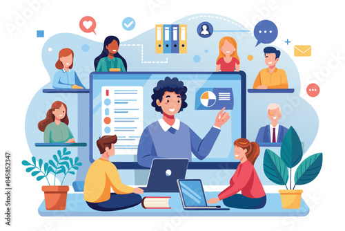 An illustration of a group of students attending an online video conference meeting with their teacher.