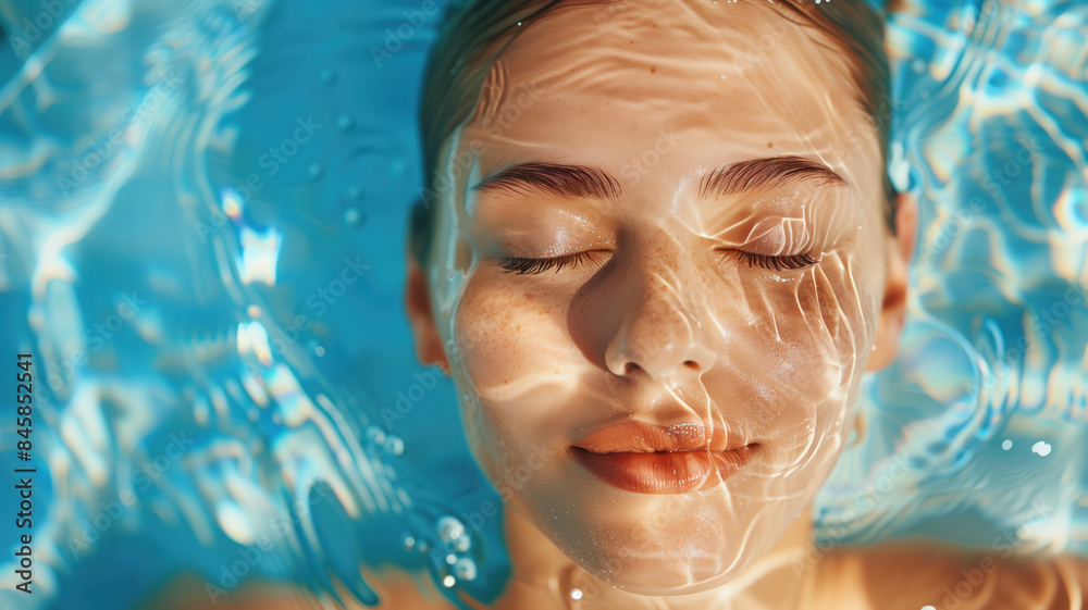 High angle view of woman relaxing in the swimming pool under clear blue water with closed eyes. Female face out of water, summer vacation concept. High angle view of woman relaxing in the swimming pool under clear blue water with closed eyes. Female face out of water, summer vacation concept.