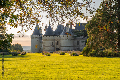 Scenic view of the Chaumont-sur-Loire castle in Loire Valley in France with its incredible gardens in golden sunset light