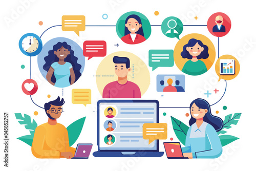 An illustration depicting a team of diverse individuals connecting and working together online through video calls and a laptop.