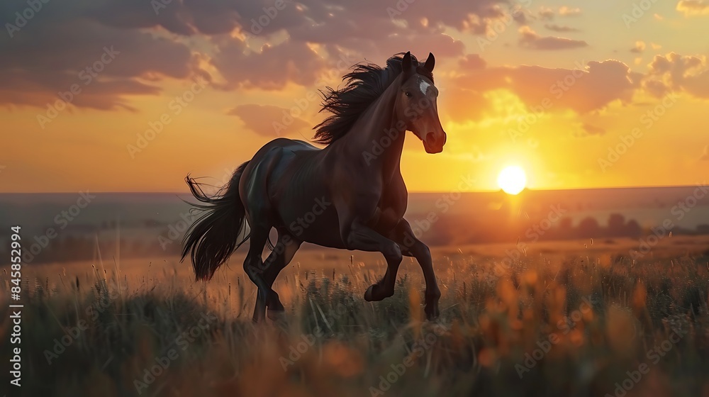Beautiful black horse running gallop on the field on sunset Beautiful black horse running gallop on the field on sunset