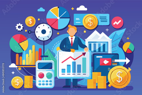 An illustration depicting a businessman analyzing financial data, growth charts, and investment opportunities for increased profits.