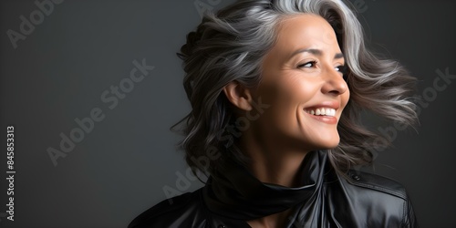 Embracing Natural Gray Hair with Confidence and Elegance. Concept Gray Hair Tips, Aging Gracefully, Natural Beauty, Fashion for Gray Hair, Embracing Gray Locks photo