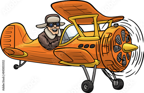 The pilot is flying an orange vintage airplane.