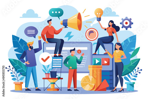 A team of diverse individuals working together to promote a product or service online. They are using various tools and strategies to reach their target audience and achieve their marketing goals.