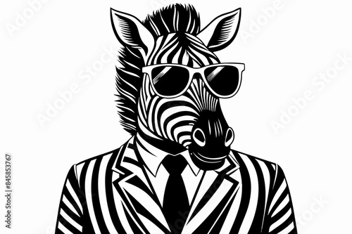 A stylishly dressed zebra is depicted wearing a pinstripe suit and sunglasses, 