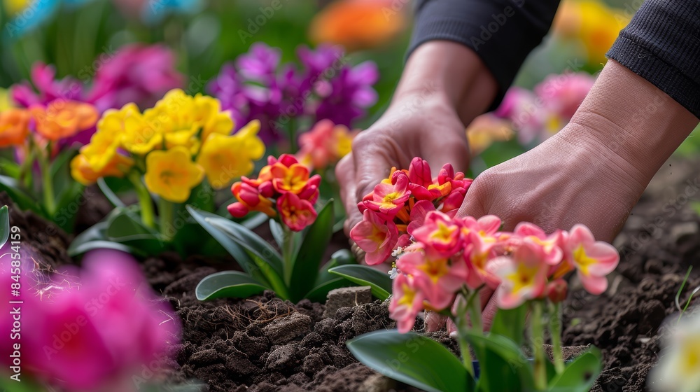 Hands carefully potting spring flowers in a garden, highlighting the vibrant colors and intricate details of petals and soil Hands carefully potting spring flowers in a garden, highlighting the vibrant colors and intricate details of petals and soil