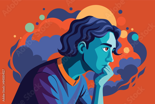 A digitally drawn illustration depicting a blue figure with a pensive expression, resting their chin on their hand, against a background of colorful, abstract shapes resembling clouds.