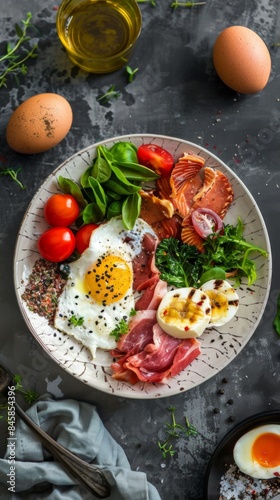 Plate of food with eggs, meat, and vegetables, atkins diet plate