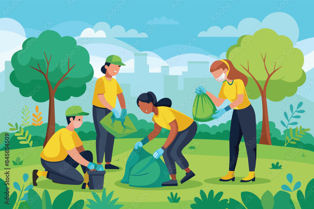 Four volunteers are cleaning up a city park on a sunny day. They are picking up trash and putting it into garbage bags. Four volunteers are cleaning up a city park on a sunny day. They are picking up trash and putting it into garbage bags.