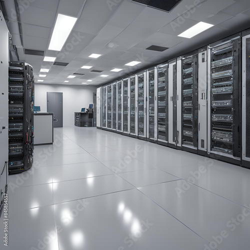 Clean IT server room with white walls and floor displaying the servers on vertical rack mount