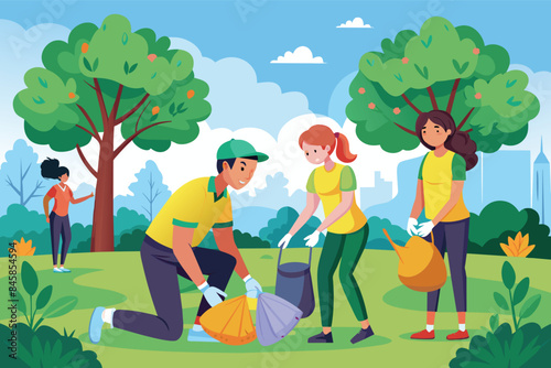Three volunteers are working together to pick up trash in a park.
