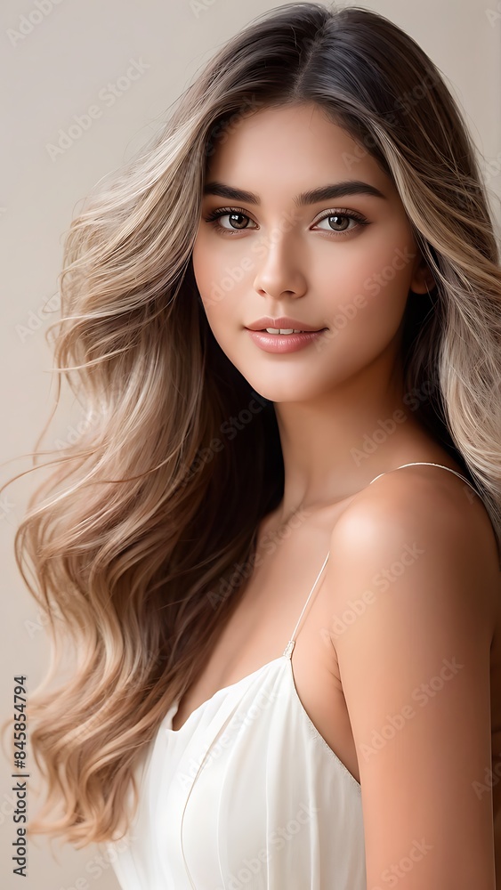 Naklejka premium Portrait of a Beautiful Young Woman with Pristine Skin, Highlighting Face Care, Cosmetology, and Spa