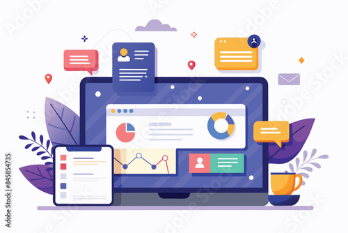 Illustration of a laptop computer displaying data charts and graphs, indicating business performance metrics.