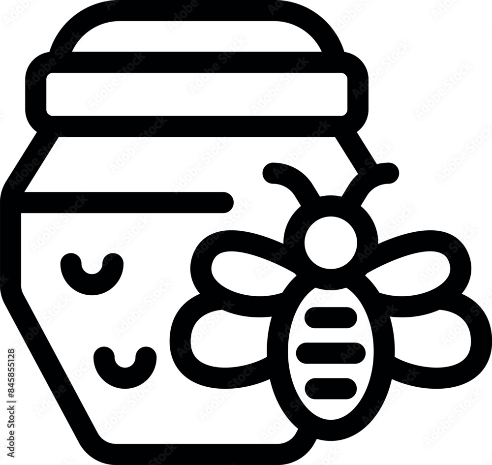 Black line honey bee flying near honey jar with honeycombs inside icon isolated on white background Black line honey bee flying near honey jar with honeycombs inside icon isolated on white background