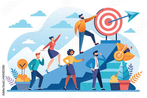 A group of diverse individuals climb a path towards a target goal, representing teamwork and collective effort towards achieving a shared objective.