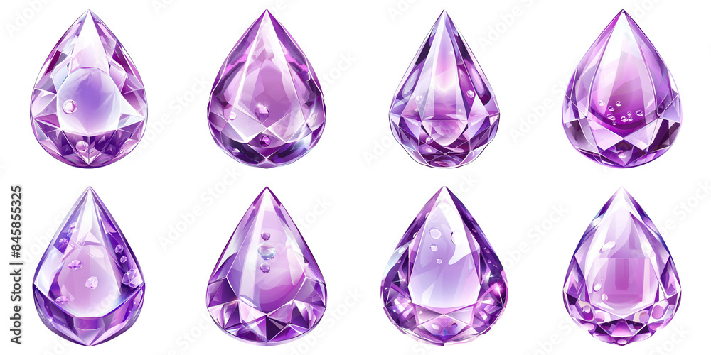 Set of Purple Water Drop With Amethyst Crystal Inside Isolated on Transparent PNG Background. Generative ai Set of Purple Water Drop With Amethyst Crystal Inside Isolated on Transparent PNG Background. Generative ai