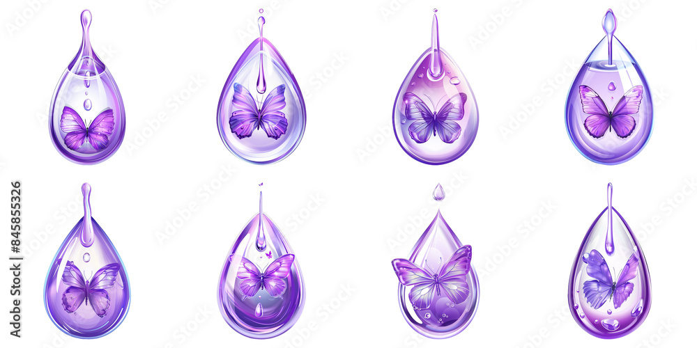 Set of Purple Water Drop With Butterfly Inside Isolated on Transparent PNG Background. Generative ai Set of Purple Water Drop With Butterfly Inside Isolated on Transparent PNG Background. Generative ai