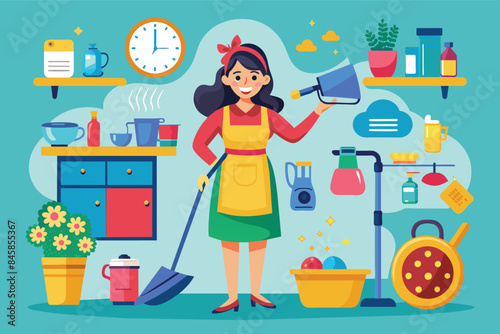 An illustration of a woman cleaning her kitchen with a broom and cleaning supplies.