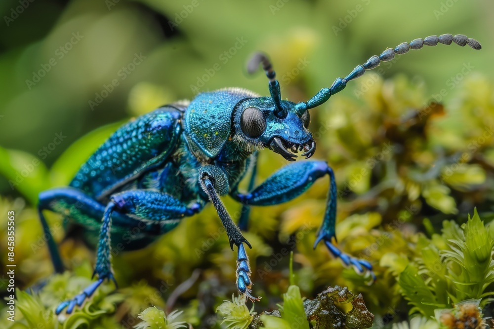 Naklejka premium Ultra-close-up of a beetle's head showing intricate details and vibrant colors. The image captures the complex eye structure and facial patterns, ideal for educational purposes, macroscelididae