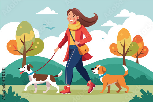A woman in a red jacket and blue jeans walks two dogs on a leash in a park on a sunny autumn day.